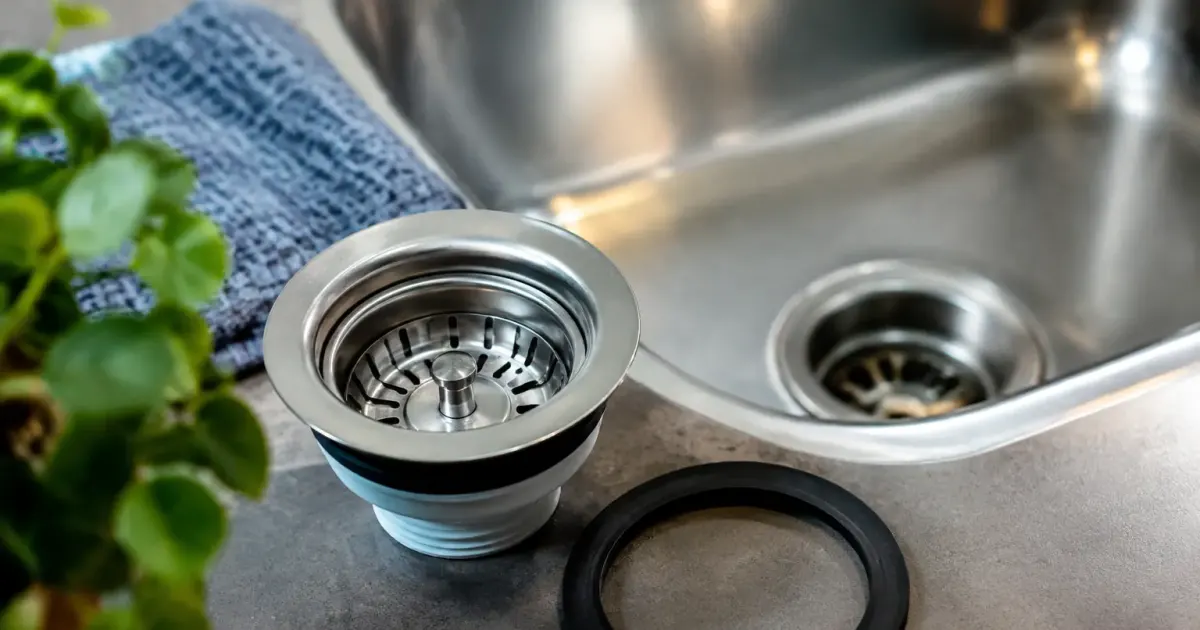 Gros plan sur bonde et joint de lavabo inox