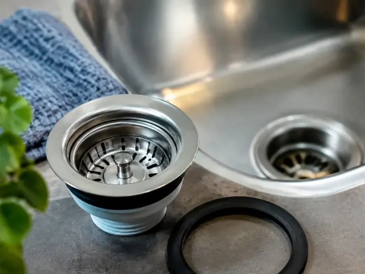 Gros plan sur bonde et joint de lavabo inox
