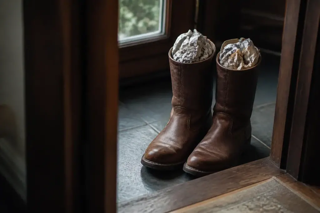 Paire de bottes brunes remplies de papier journal