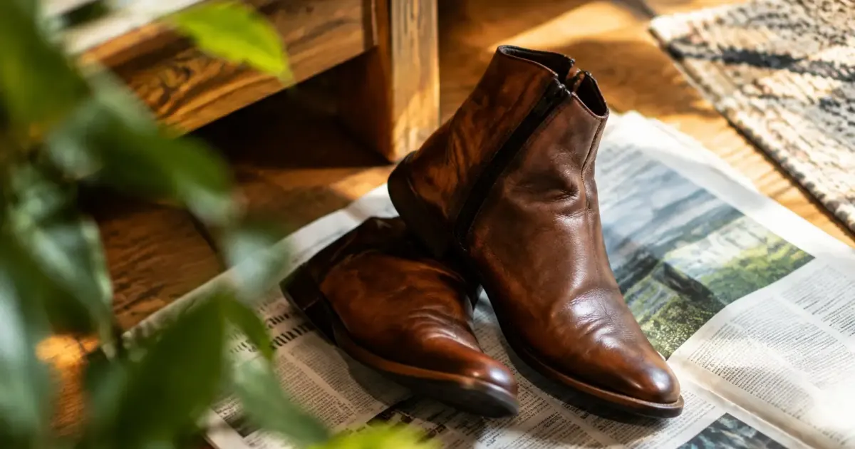 Bottes de cuir inclinees sur du papier journal