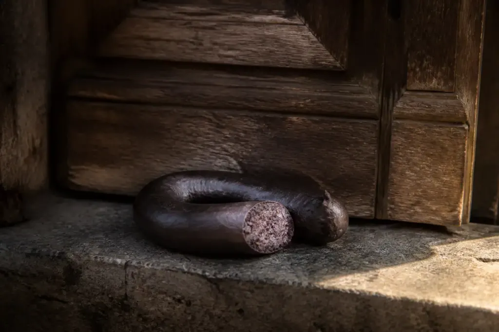 Boudin gris au pied d'une porte en bois