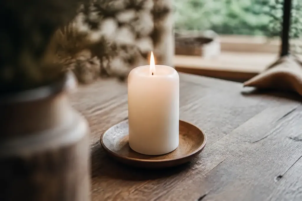 Bougie blanche allumee sur une table en bois