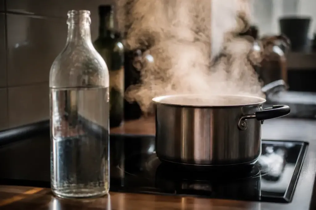 Bouteille transparente devant une casserole fumante sur plaque