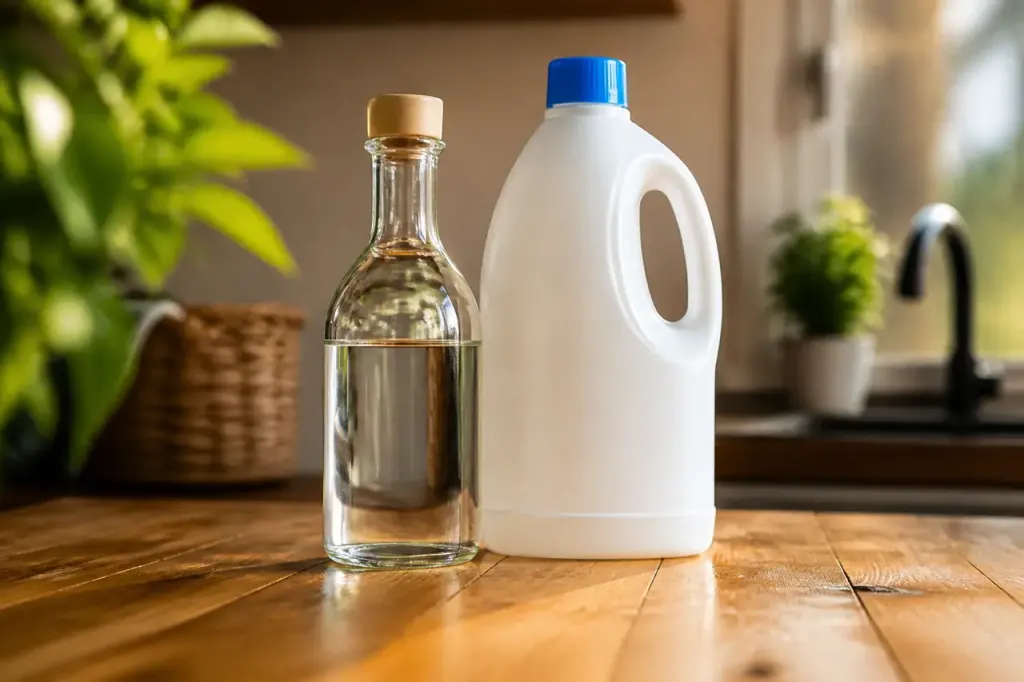 Bouteilles de vinaigre et de javel sur un plan
