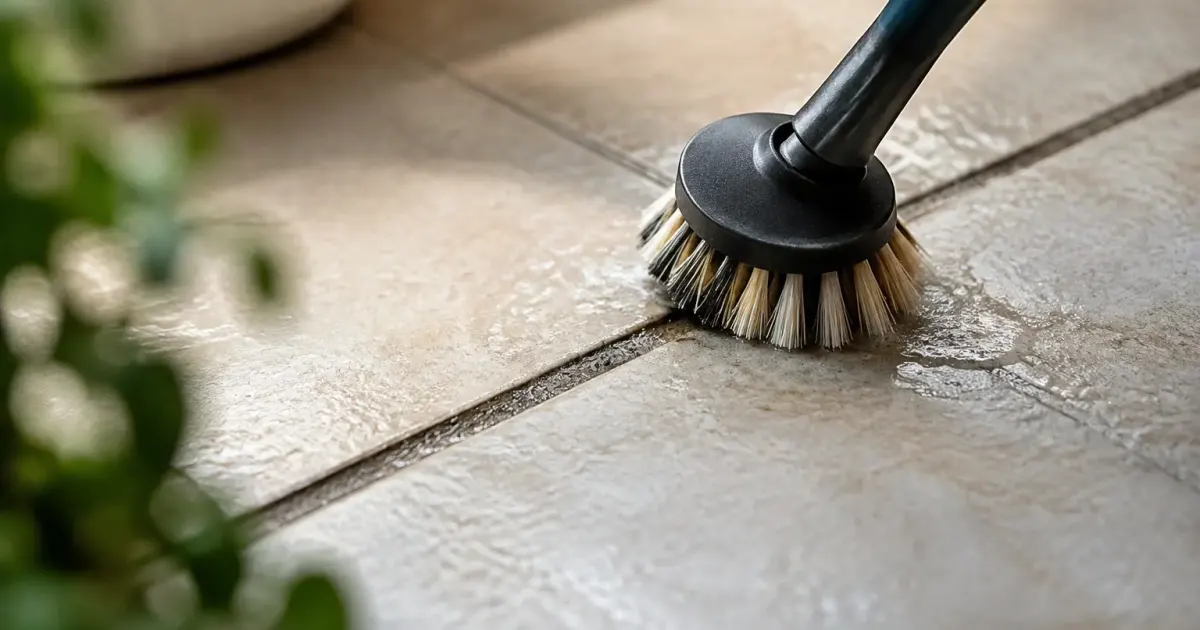 Brosse ronde inclinee frottant lignes sombres entre carreaux