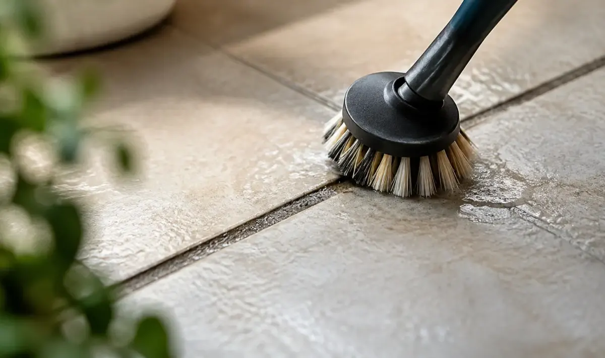 Brosse ronde inclinee frottant lignes sombres entre carreaux
