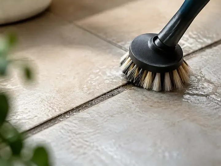 Brosse ronde inclinee frottant lignes sombres entre carreaux