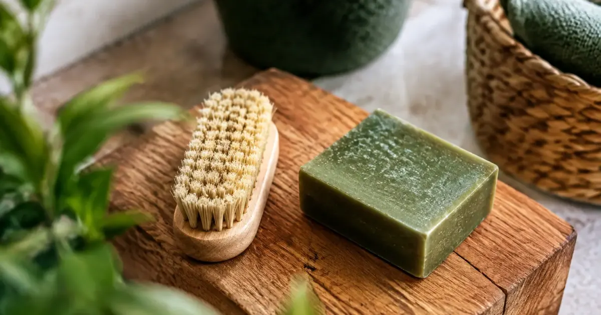 Brosse et savon vert sur un bloc de bois