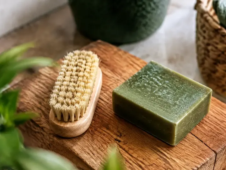 Brosse et savon vert sur un bloc de bois