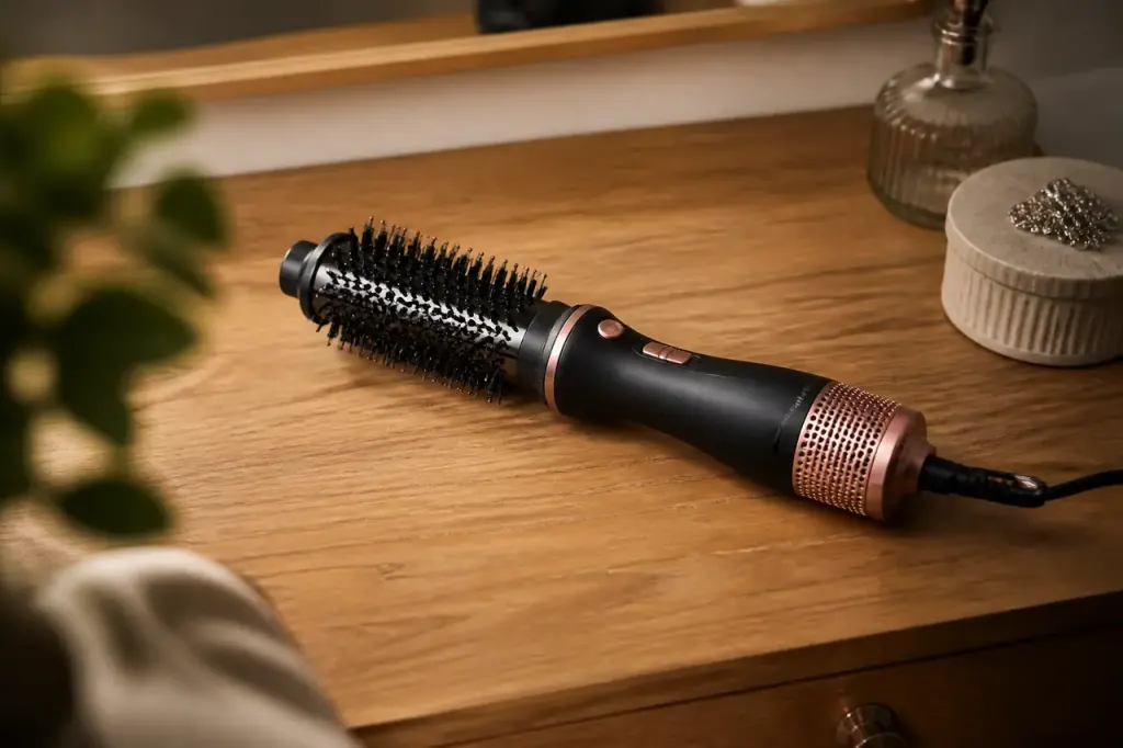 Brosse soufflante debranchee posee sur table en bois