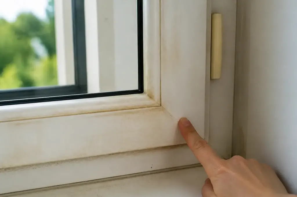 Cadre de fenetre en PVC blanc virant au beige