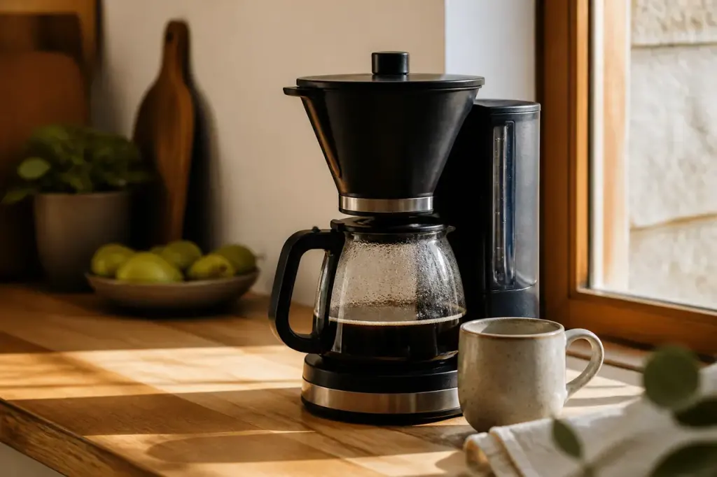 Cafetiere filtre sur plan de travail, carafe en verre