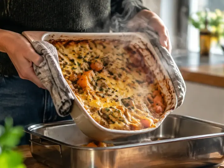 Casserole fumante inclinee au dessus dun bac en inox