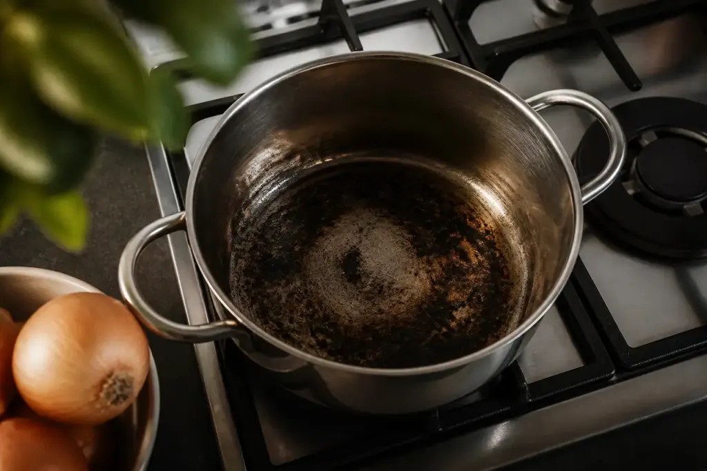 Casserole en inox au fond noirci sur plaque