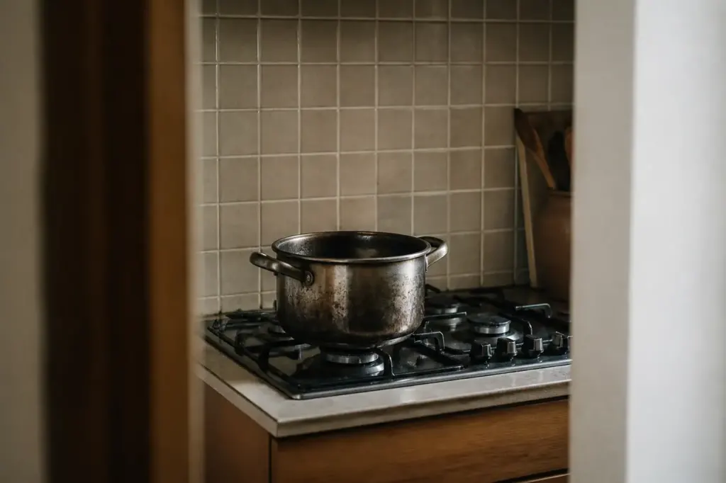 Casserole en inox noircie posee sur plaque de cuisson