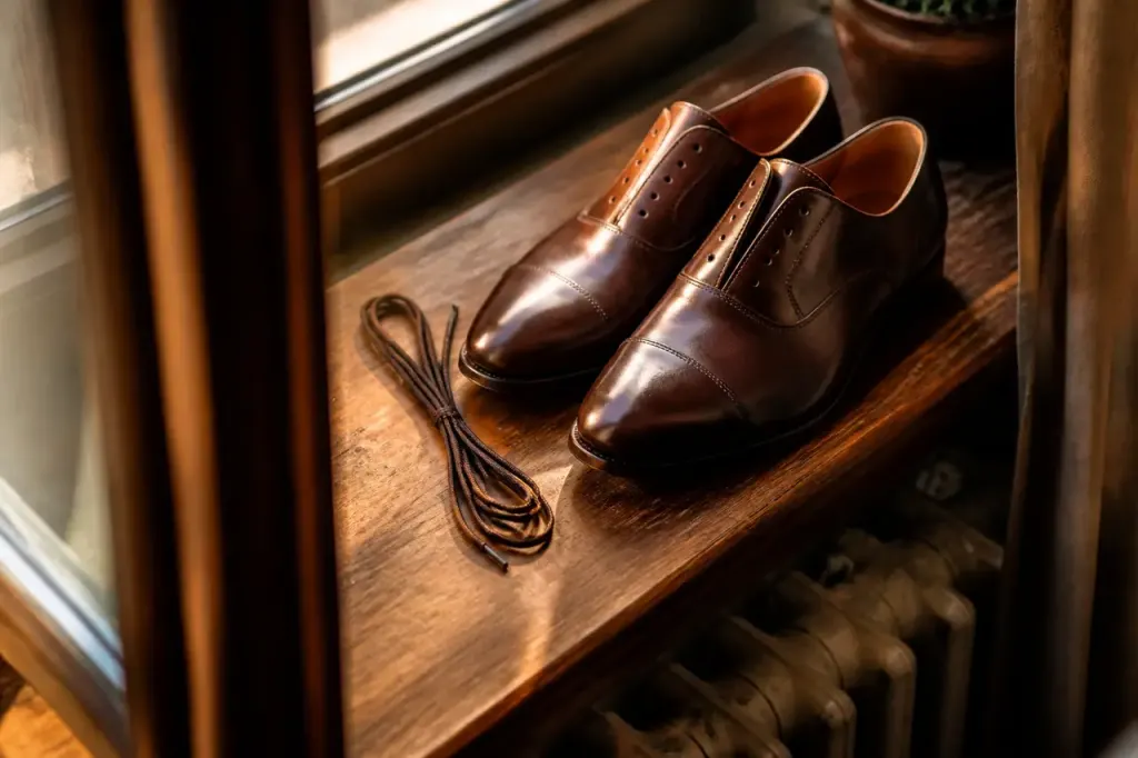 Chaussures en cuir sechant avec lacets poses a cote