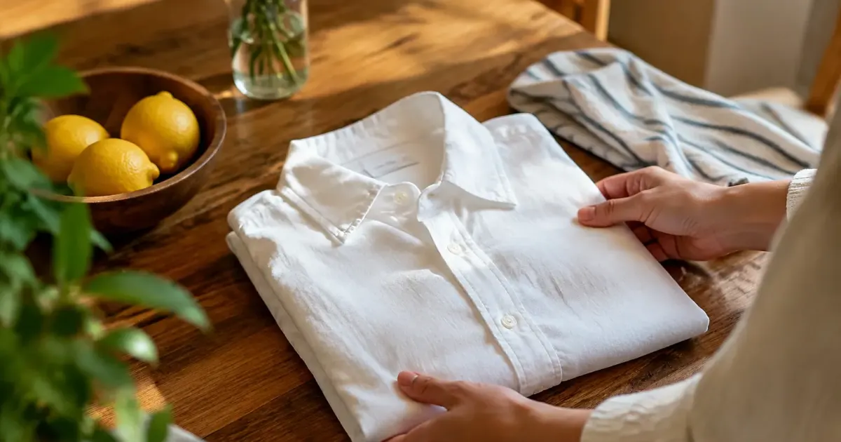 Chemise blanche pliee sur plan de travail avec citron