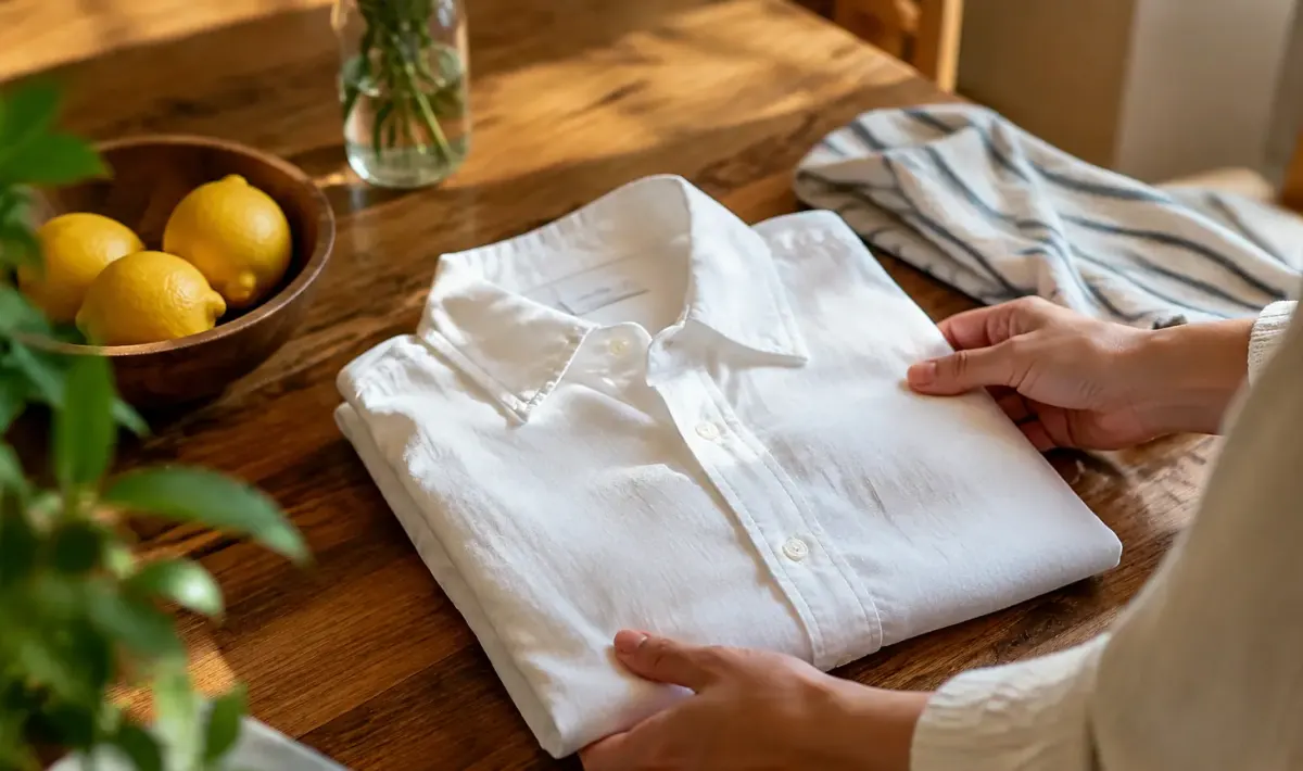 Chemise blanche pliee sur plan de travail avec citron