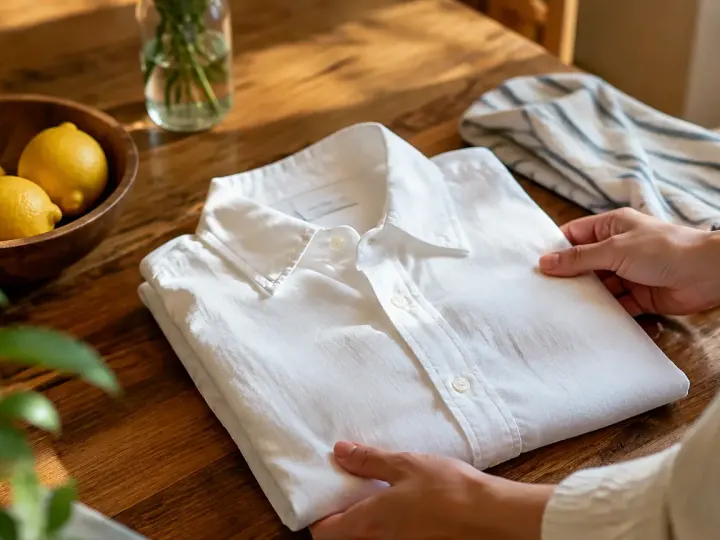 Chemise blanche pliee sur plan de travail avec citron
