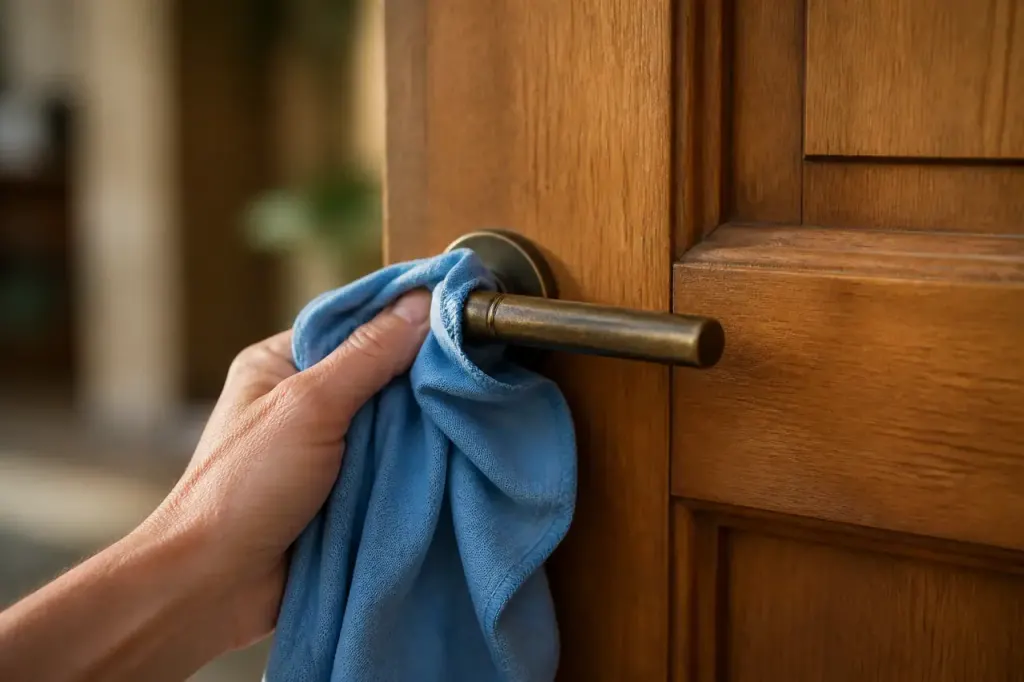 Chiffon bleu essuyant une poignee de porte en bois