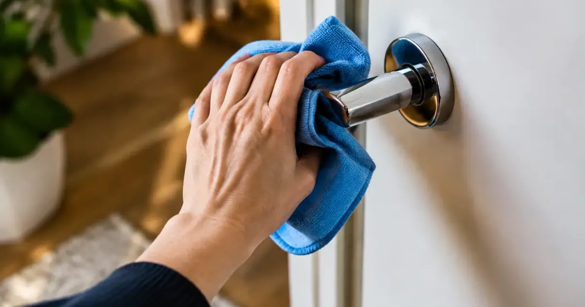 Chiffon bleu essuyant une poignee de porte chromee