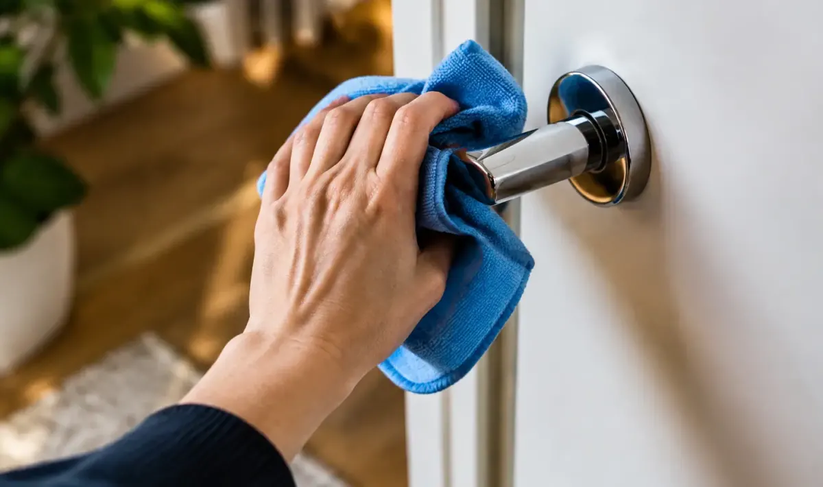 Chiffon bleu essuyant une poignee de porte chromee