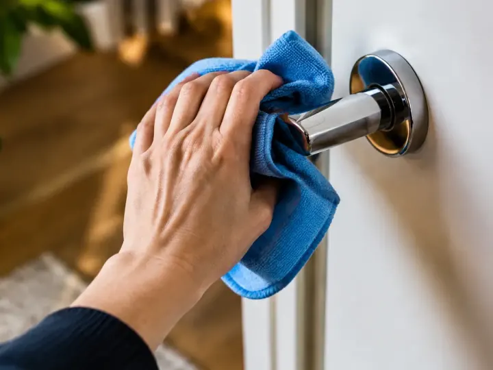 Chiffon bleu essuyant une poignee de porte chromee