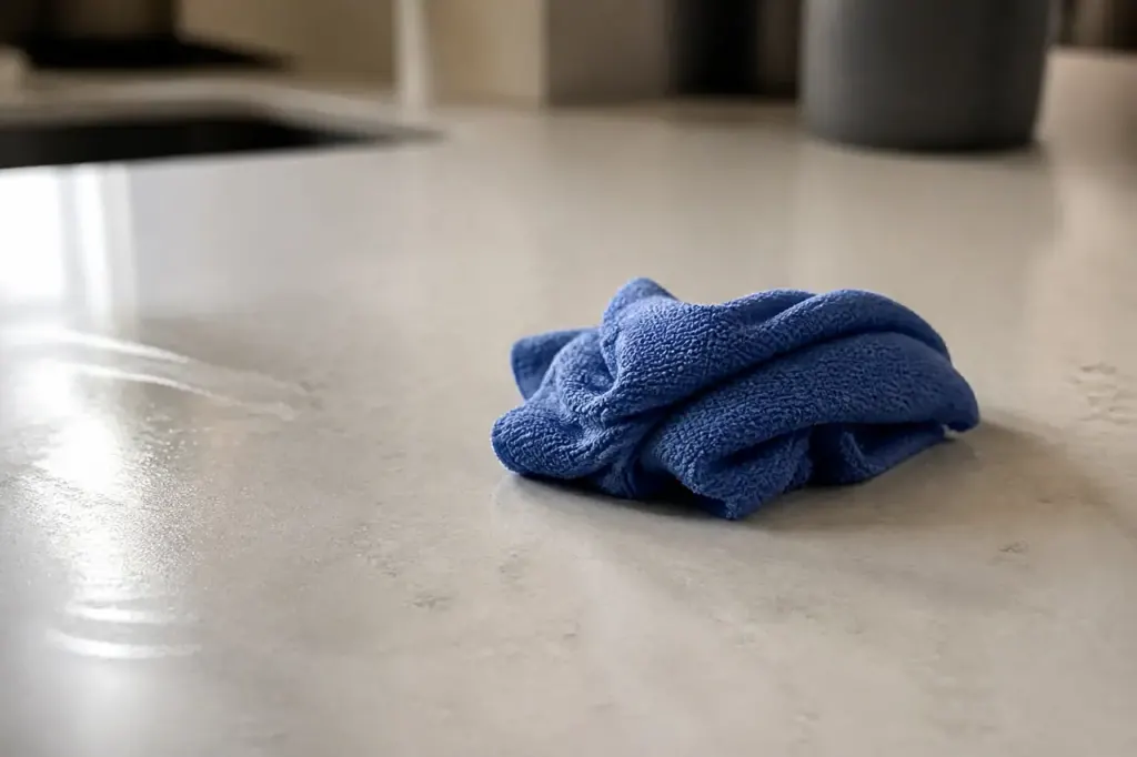Un chiffon bleu frotte un plan de travail clair