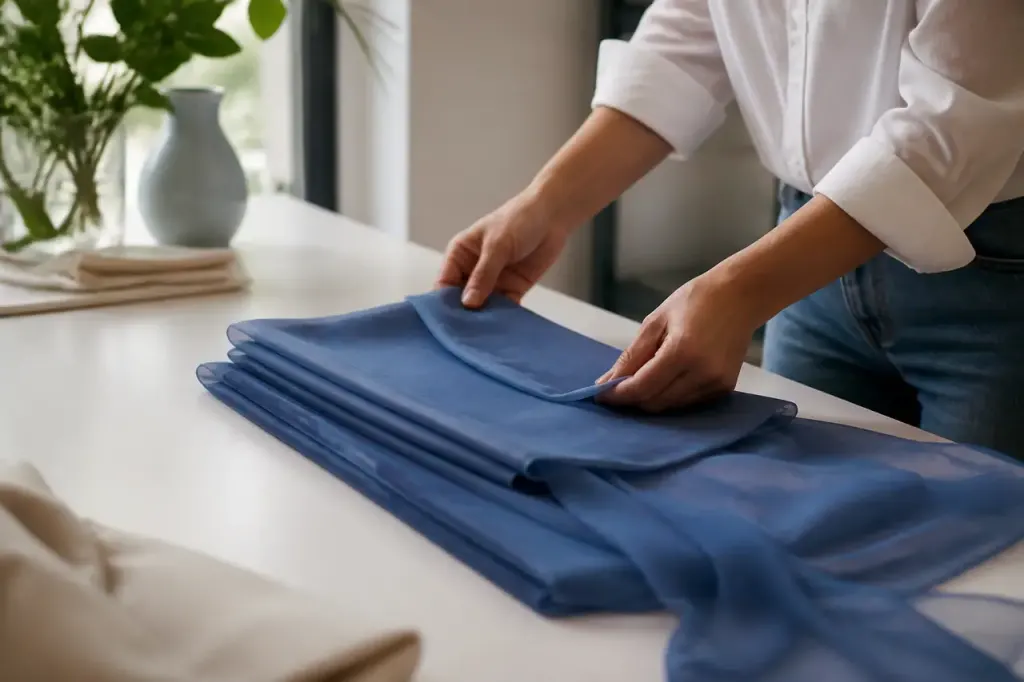 Chiffon bleu plie sur plan de travail blanc
