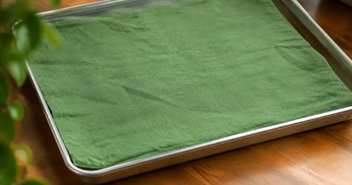 Chiffon vert pose a plat sur un bac metallique