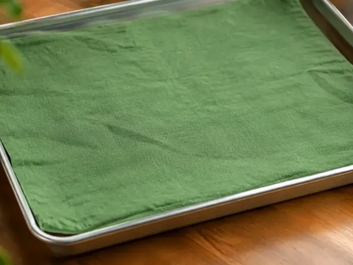 Chiffon vert pose a plat sur un bac metallique