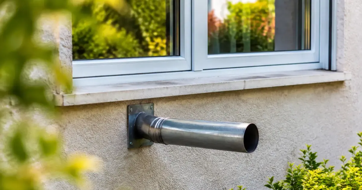 Conduit metallique horizontal sortant du mur sous une fenetre