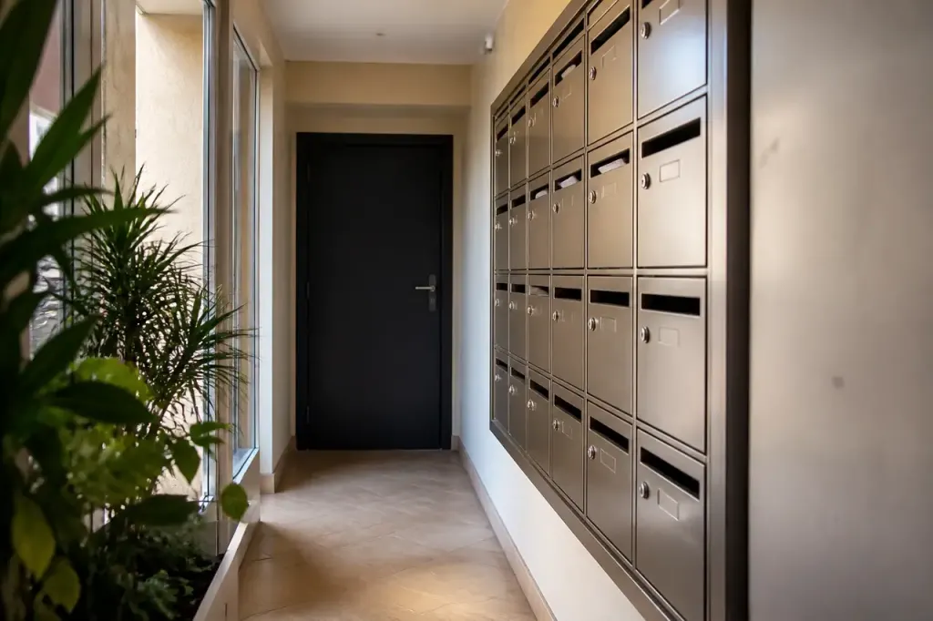 Couloir avec boites aux lettres et porte de local