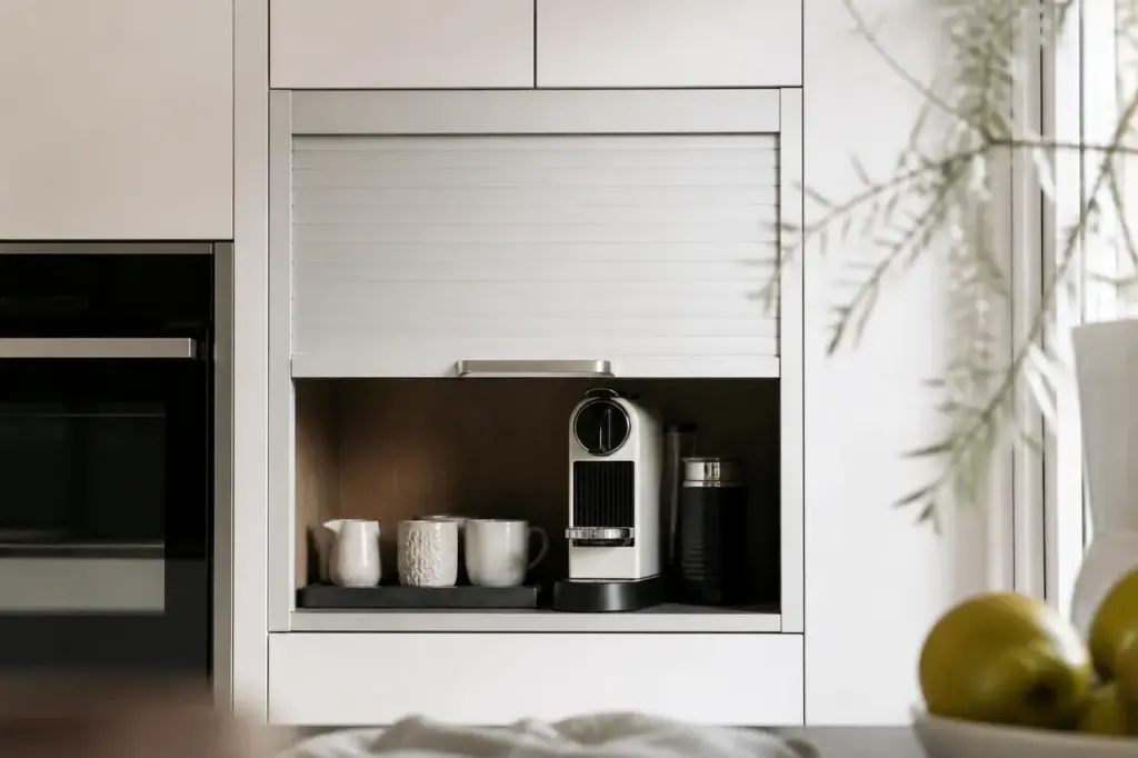 Cuisine blanche avec volet roulant ouvert sur une cafetiere