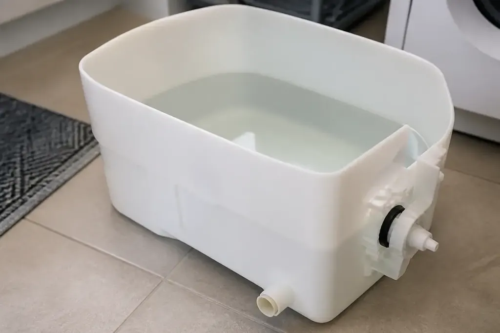 Cuve blanche de seche-linge remplie d'eau claire