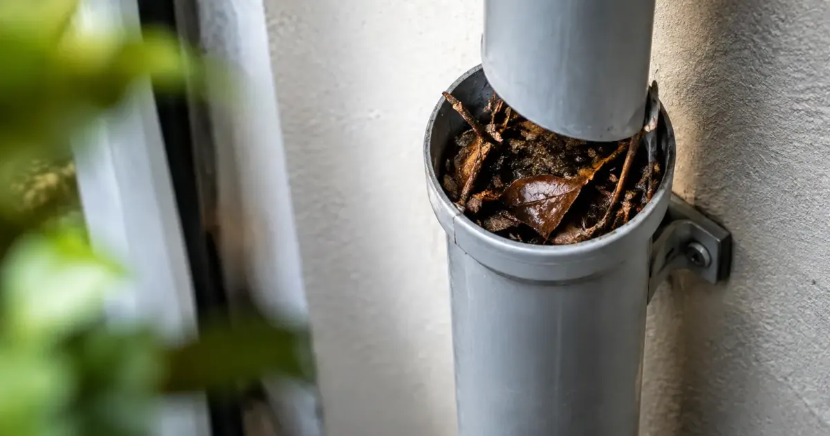 Debris bruns bouchant un tuyau vertical fixe au mur