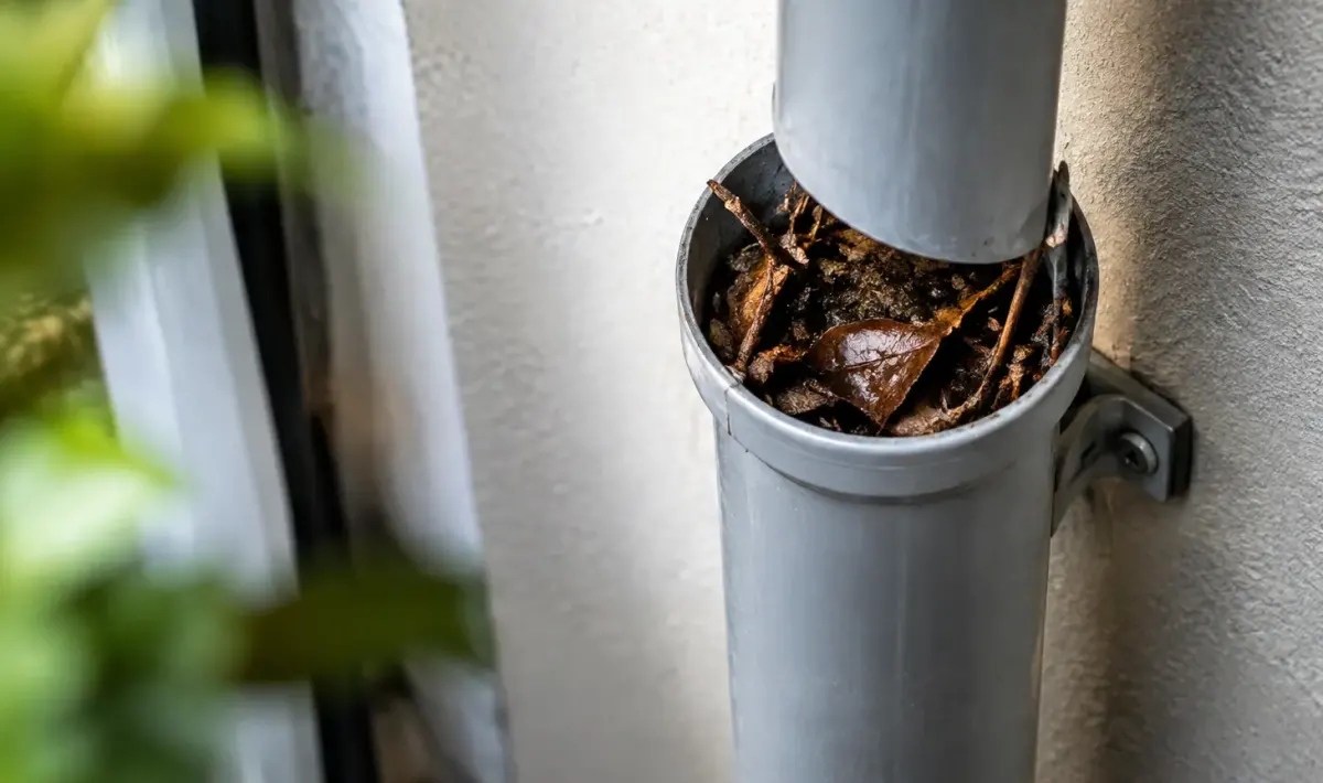 Debris bruns bouchant un tuyau vertical fixe au mur