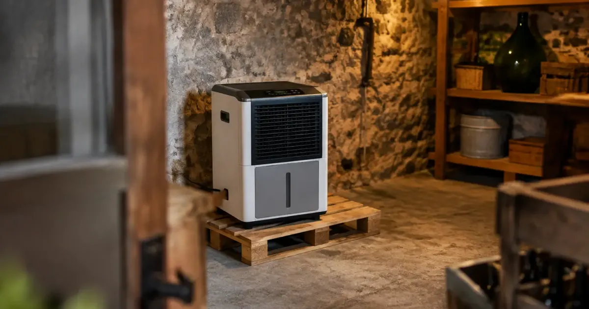 Deshumidificateur sur palette en bois dans une cave