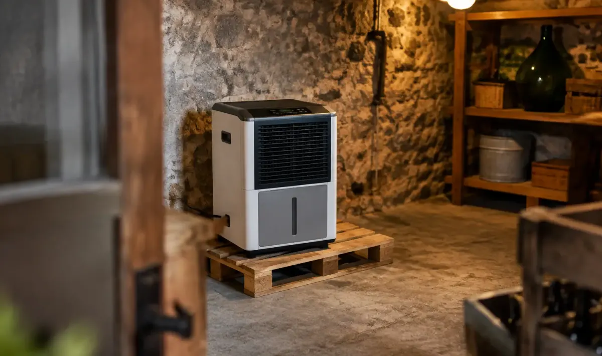 Deshumidificateur sur palette en bois dans une cave