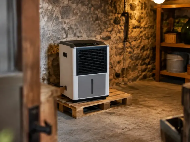 Deshumidificateur sur palette en bois dans une cave