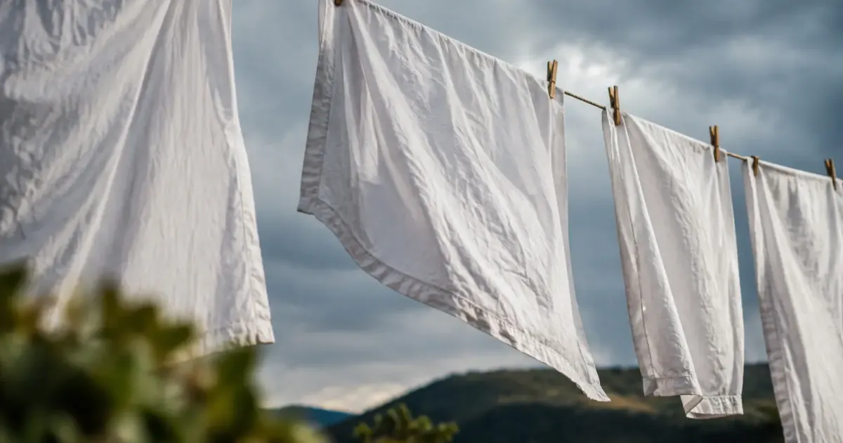 Draps blancs suspendus sur une corde, ciel gris