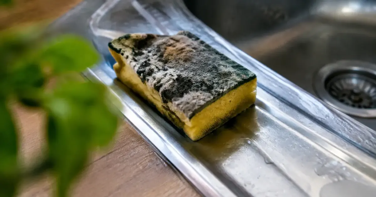 Eponge de cuisine moisie posee sur un evier