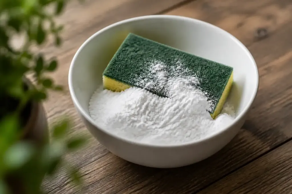 Eponge verte et bicarbonate dans un bol blanc