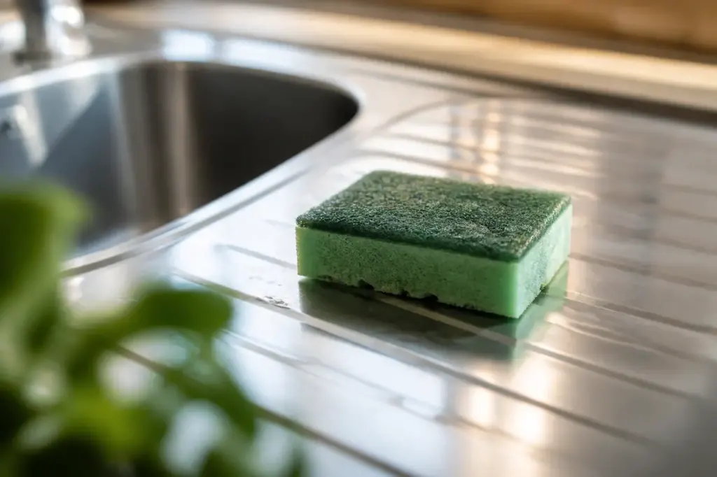 Eponge verte neuve posee sur un evier inox brillant