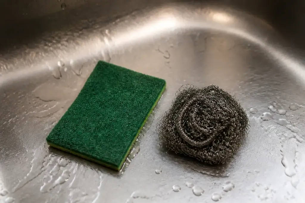 Eponge verte et paille de fer sur evier inox