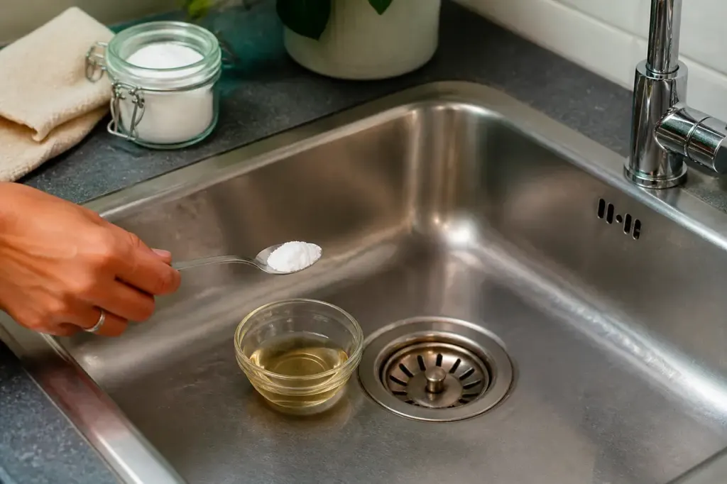Evier bouche avec bol de vinaigre et poudre blanche