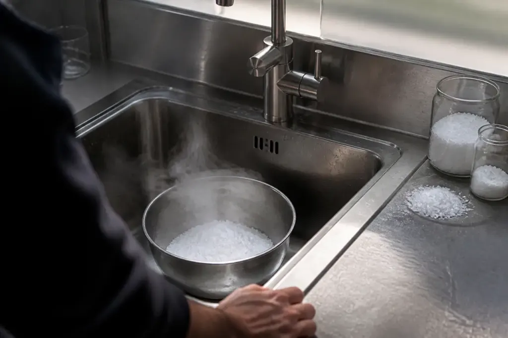 Evier inox avec bol fumant et cristaux blancs