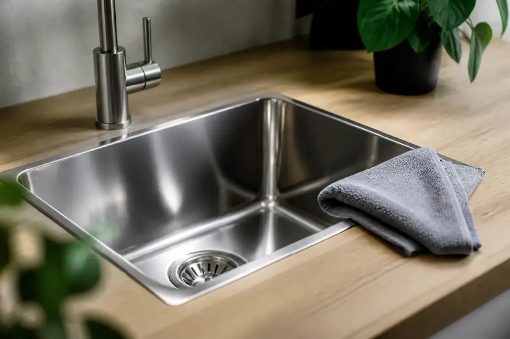 Evier en inox brillant avec chiffon microfibre sec