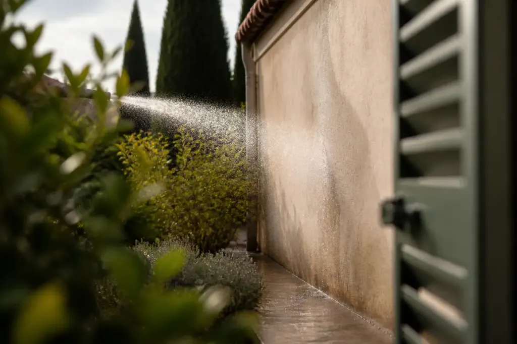 Facade beige rincee doucement par un jet large