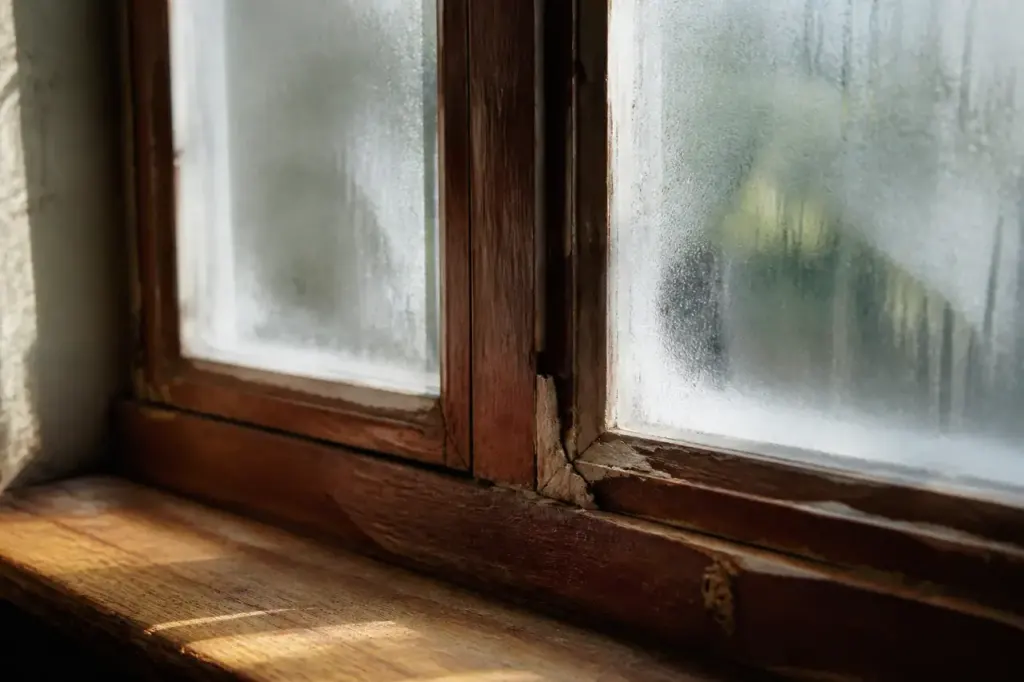 Fenetre en bois aux joints abimes et vitre givree